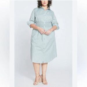 Universal Standard Hamptons Smocked Shirtdress Green Stripes Small 14/16